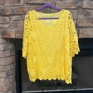 Jennie & Marlis yellow tank top is sewn to the crocheted overlay  1X
